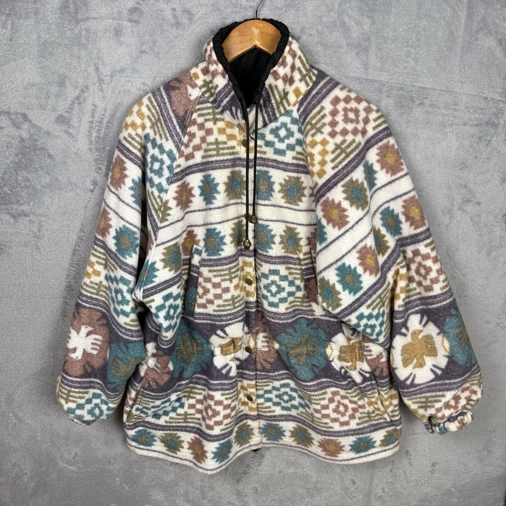 Vtg‎ Women's Jacket Fleece Aztec Tribal Reversible Large Button Up Oversized